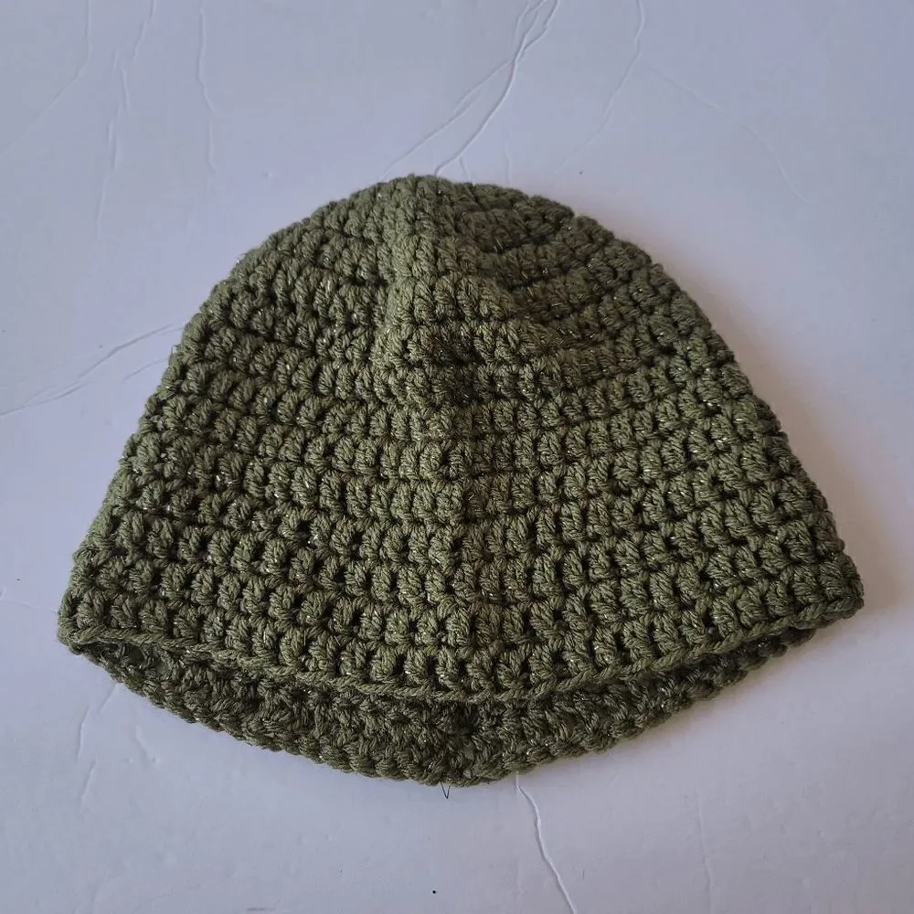 Hand made olive green gold beanie hat one size